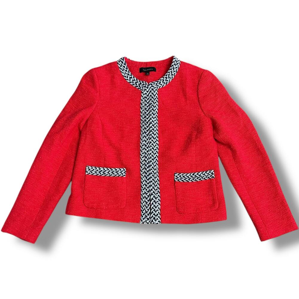 Talbots Red Tweed Cropped Jacket 6 Chanel Inspired Herringbone Trim